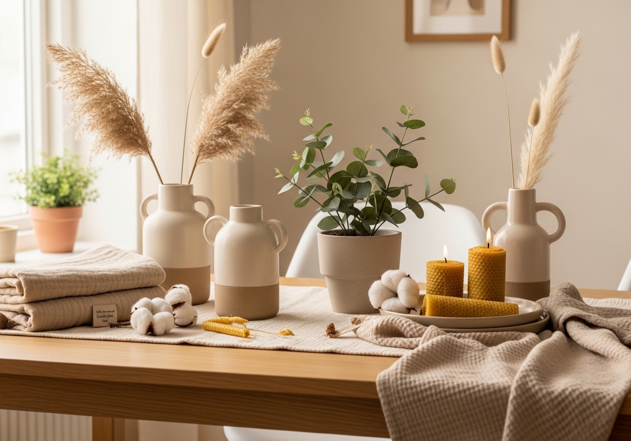 Sustainable home and living essentials including organic textiles, natural decor, and eco-friendly home goods
